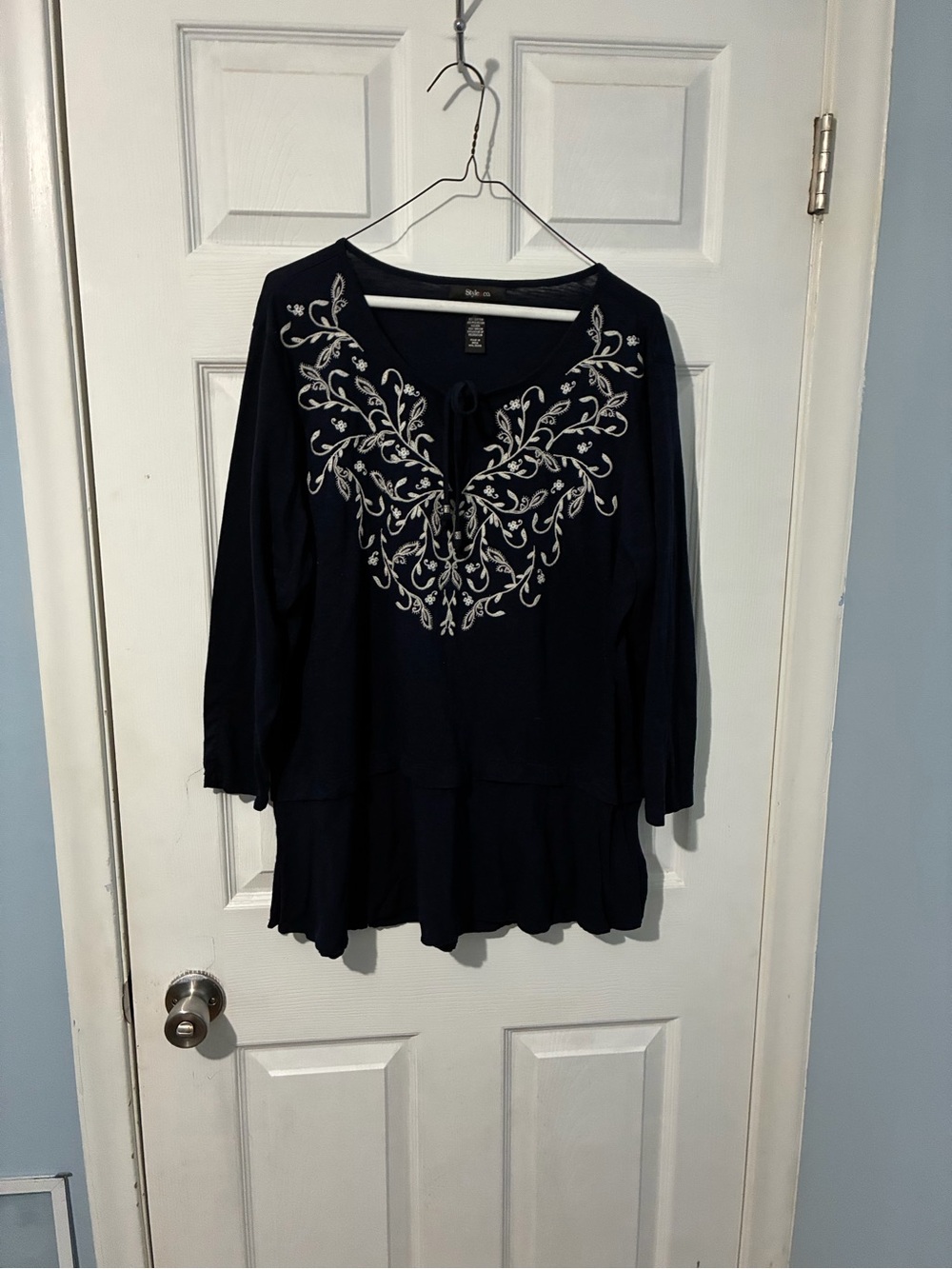 Style & Co. Navy Long-Sleeve Tunic with White Embroidered Yoke